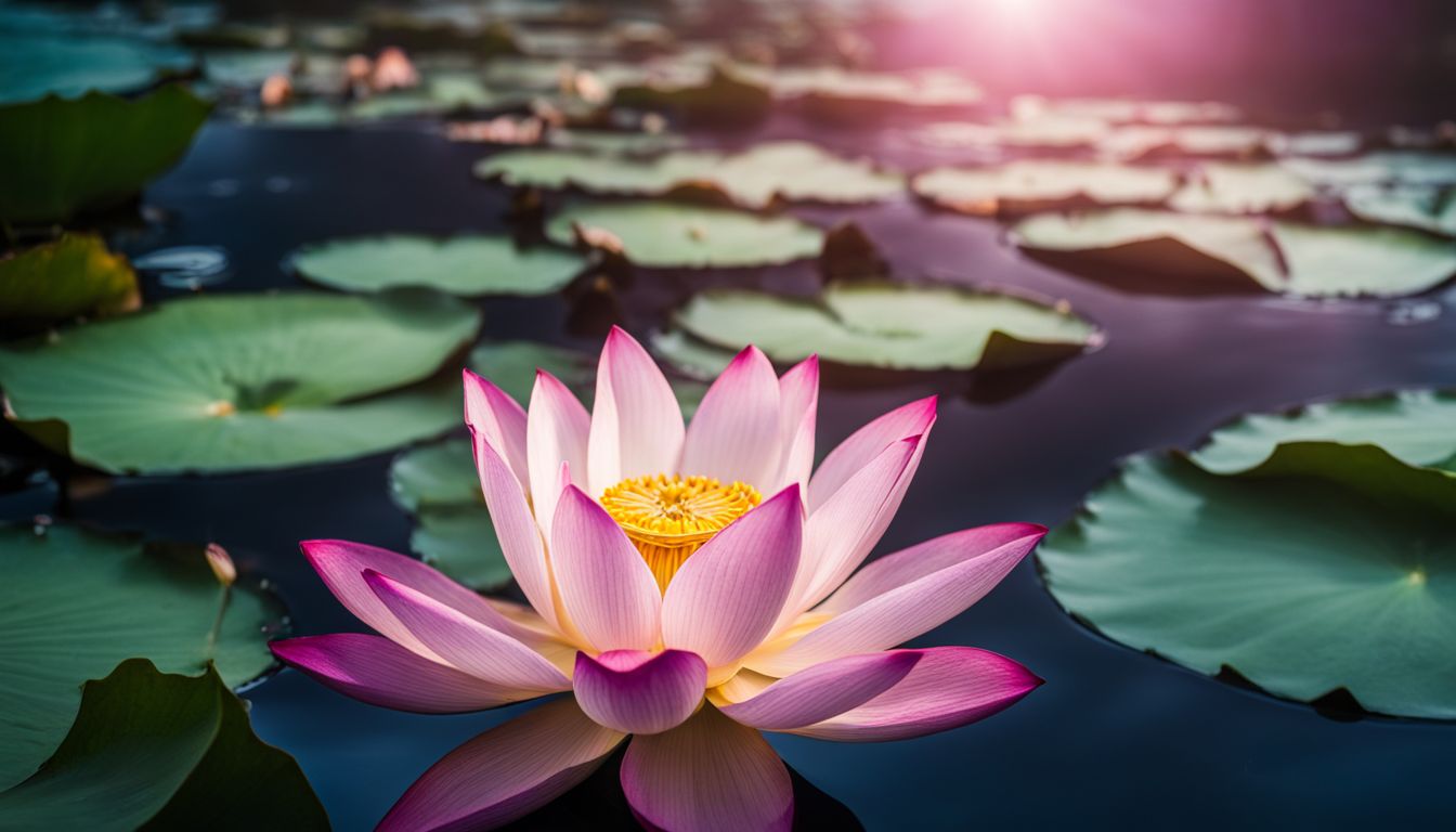 A vibrant lotus blossom floats peacefully on the surface of a Vietnamese lake, surrounded by diverse people and a bustling atmosphere.