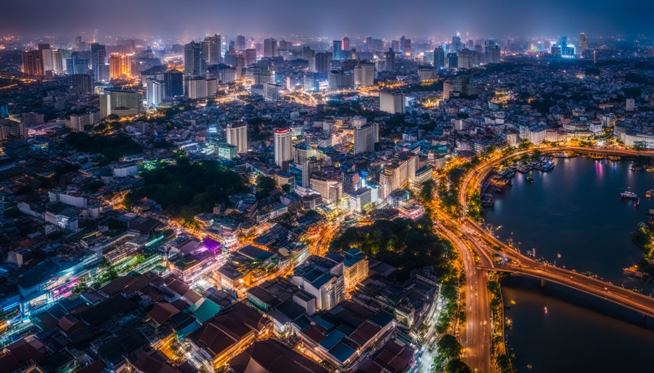 An aerial photograph captures the bustling cityscape of Ho Chi Minh City at night with diverse people and a vibrant atmosphere.