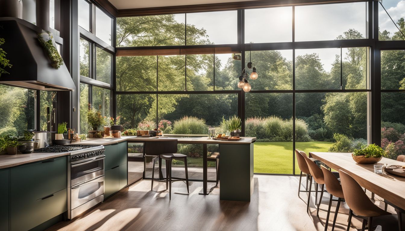 A vibrant kitchen with garden views and a bustling atmosphere.