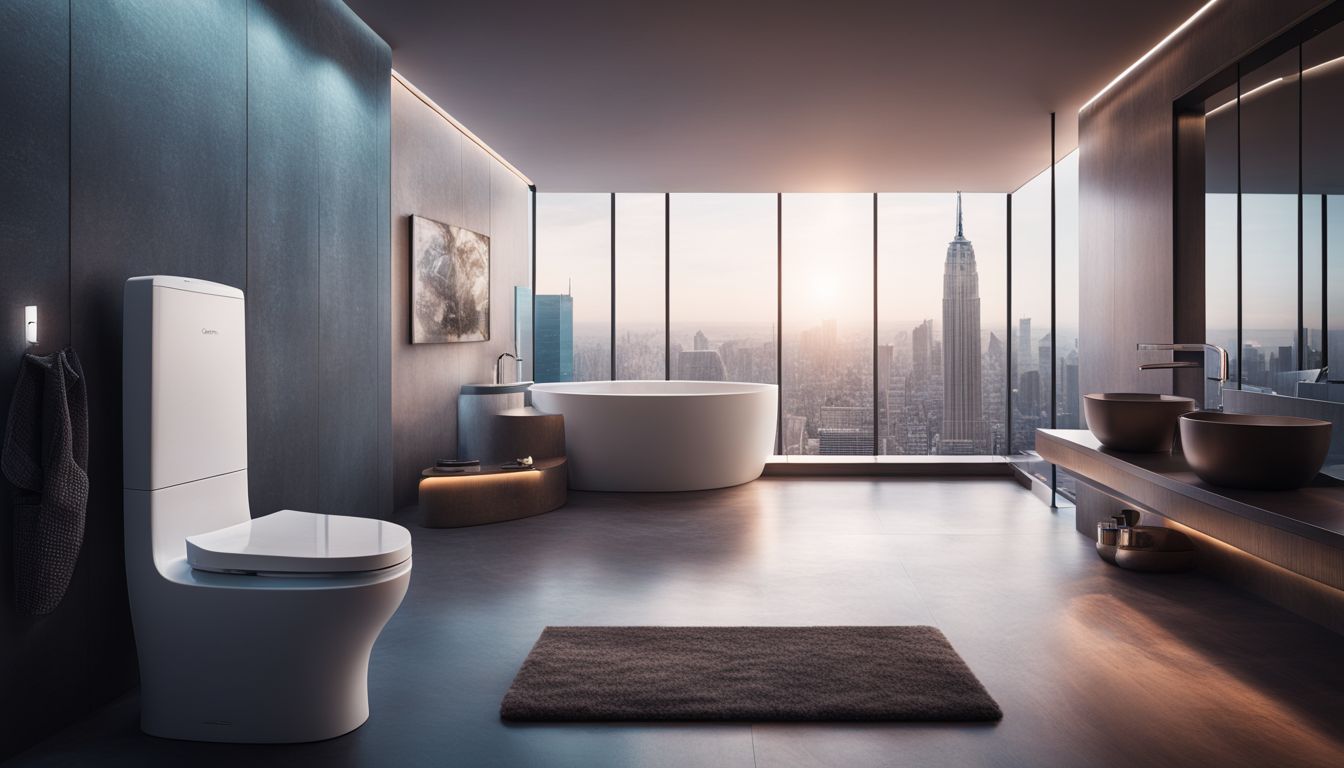 A futuristic bathroom with a smart toilet featuring advanced technological features.