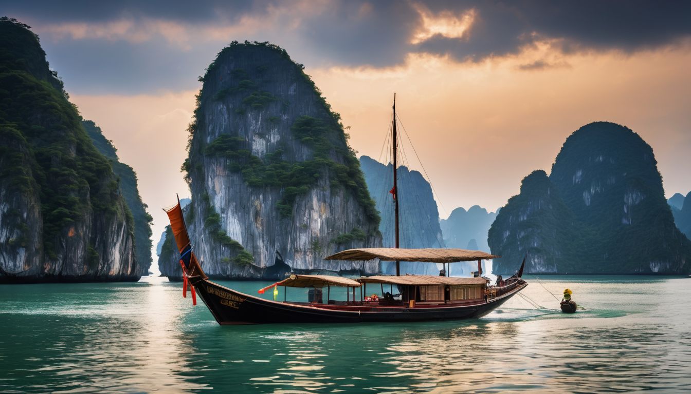 A serene photo of a traditional Vietnamese boat floating in the tranquil waters of Ha Long Bay.