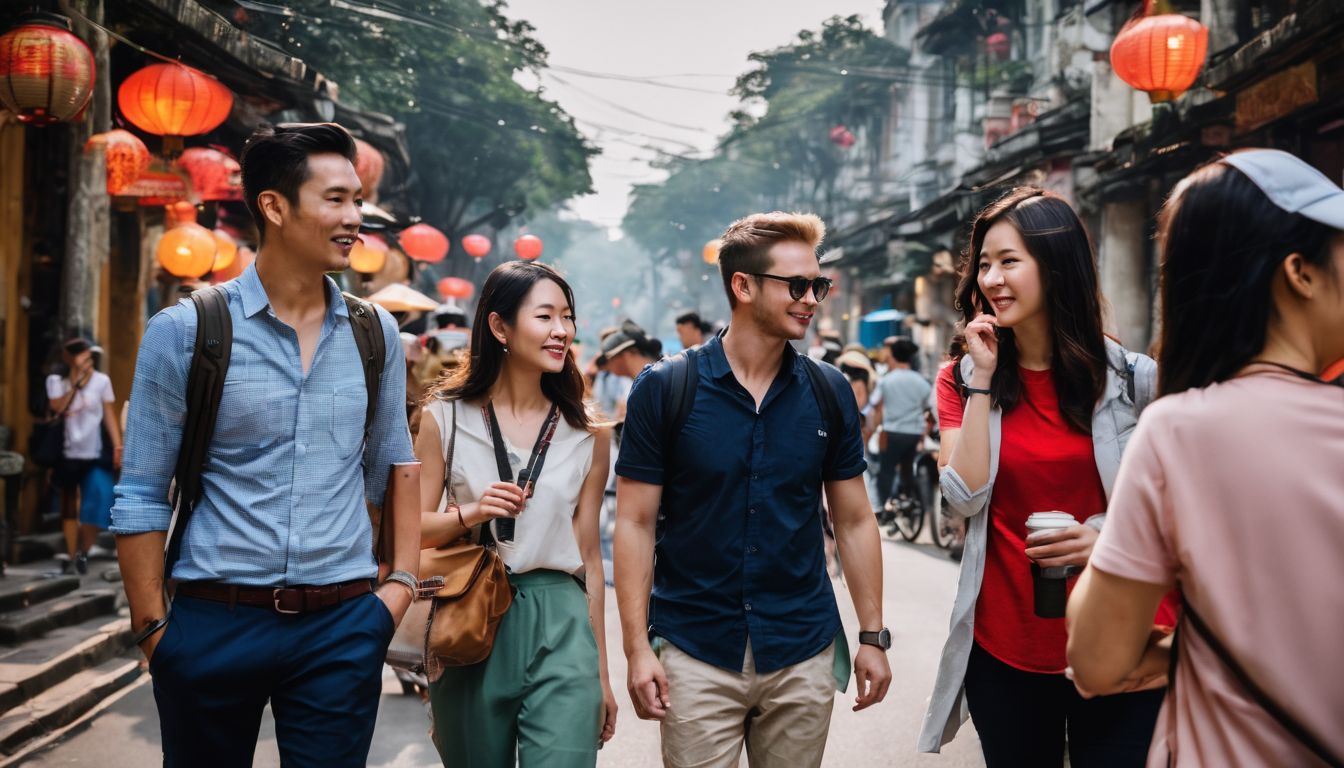 A group of tourists and their Vietnamese tour guide explore the bustling streets of Hanoi.