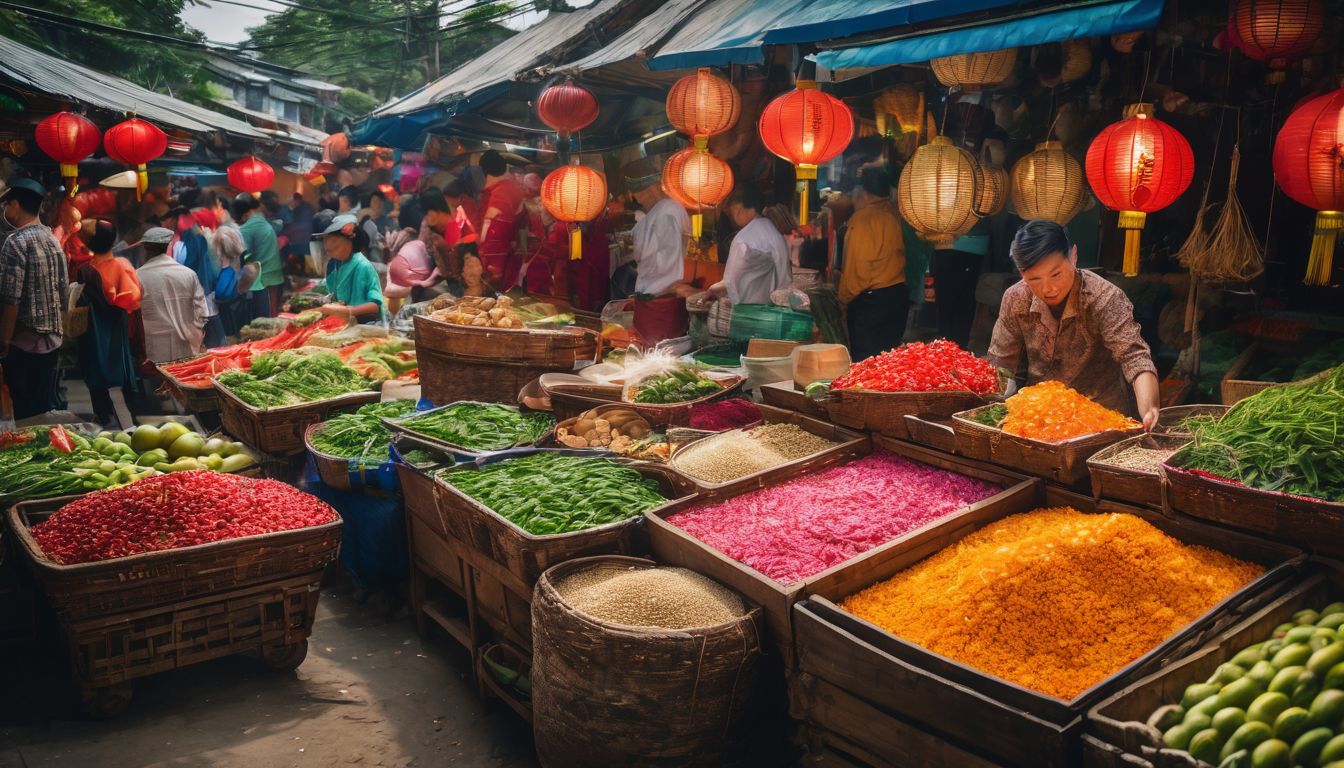 A vibrant traditional Vietnamese market showcasing local produce and a bustling atmosphere.