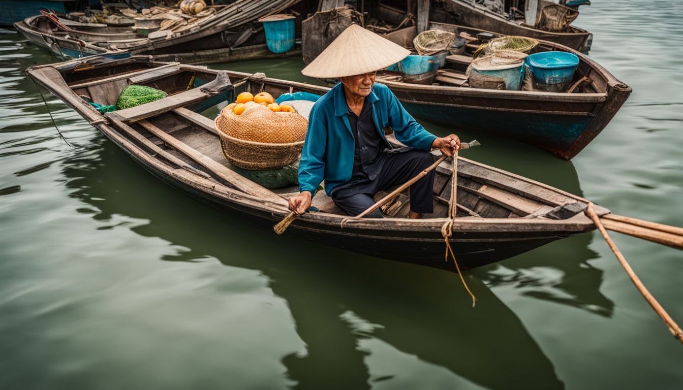 A fisherman navigates through Vietnam's floating villages in a traditional boat, capturing the bustling atmosphere with stunning clarity.