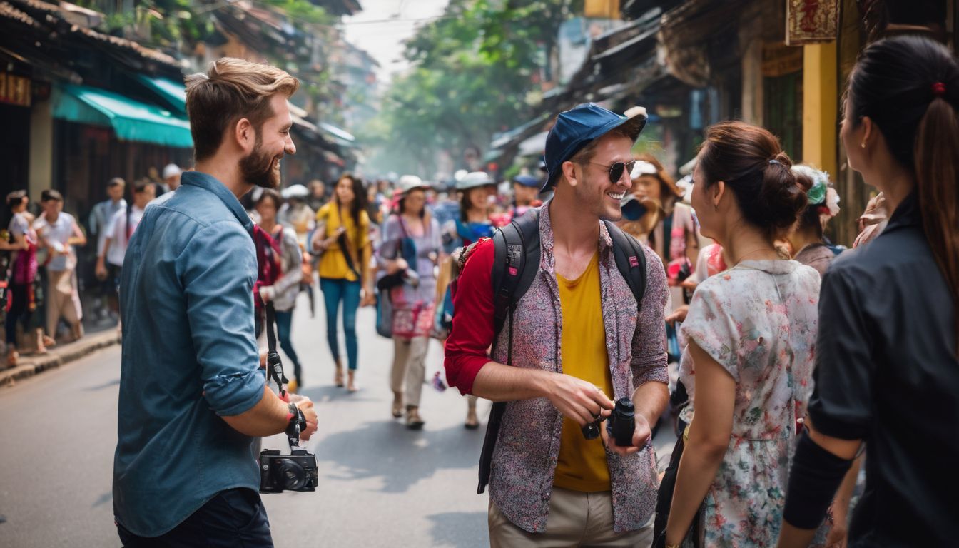 A tour guide leads a group of tourists through the vibrant streets of Hanoi in a bustling atmosphere.