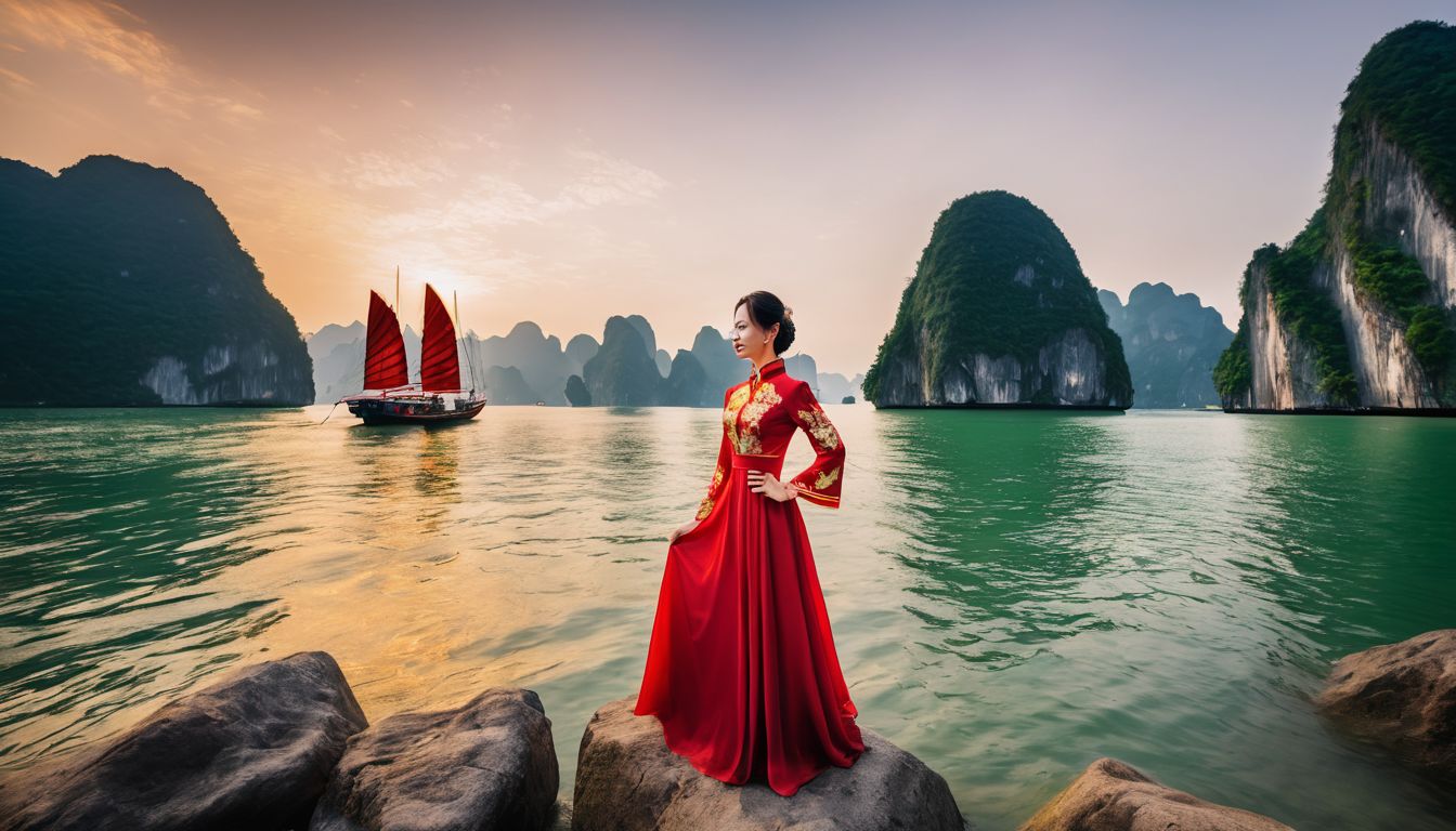 A group of people wearing traditional Vietnamese ao dai posing in front of Ha Long Bay.
