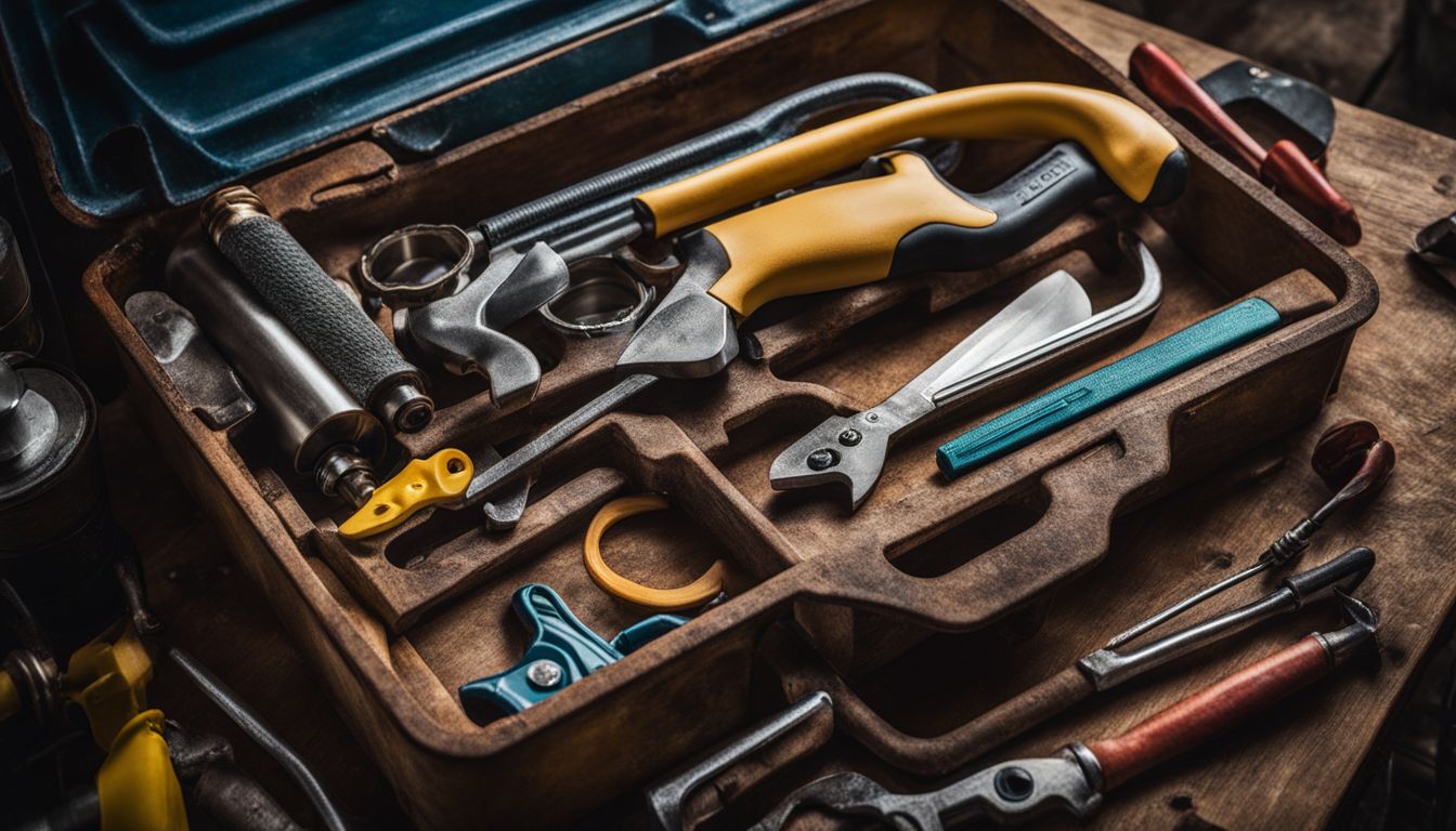 Close-up of a plumber's toolbox with tools for unclogging a sink.