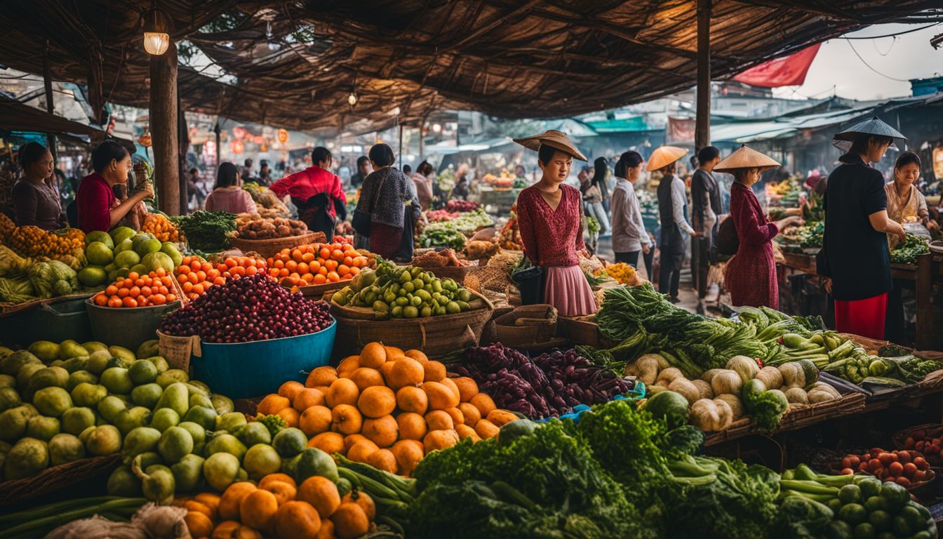 A vibrant traditional Vietnamese market filled with colorful fruits and vegetables captures the bustling atmosphere and diverse faces.