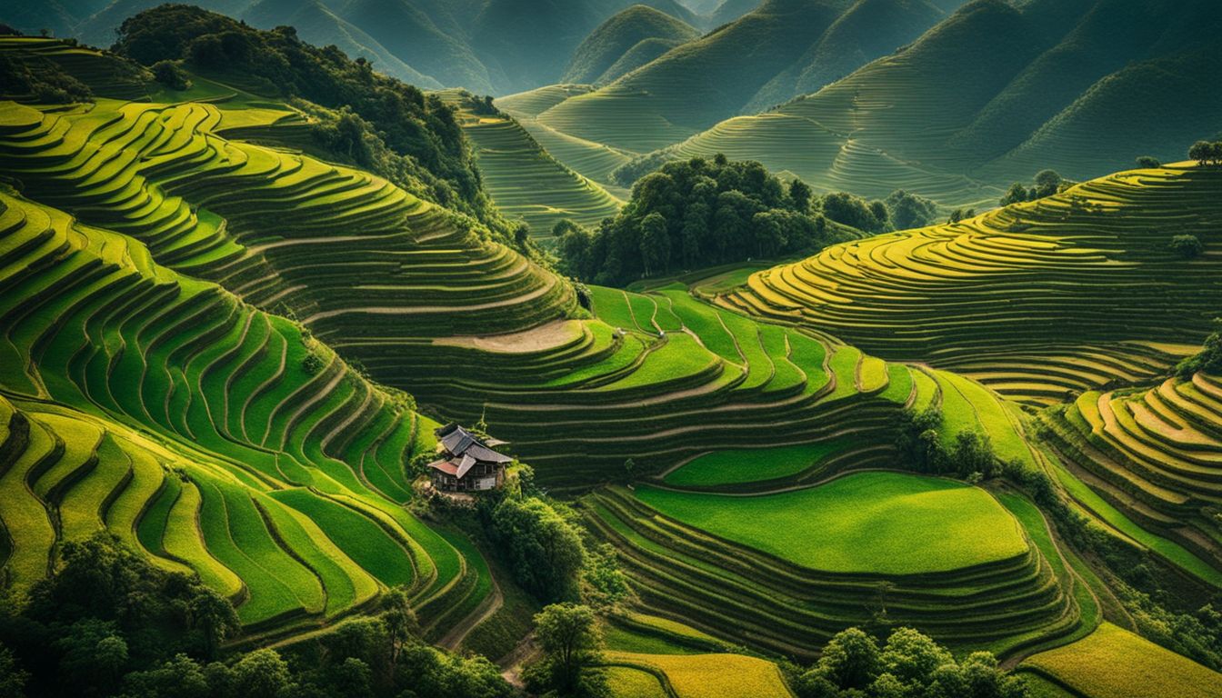 An aerial photo capturing the stunning landscapes and iconic landmarks of Vietnam, with diverse people and vibrant colors.