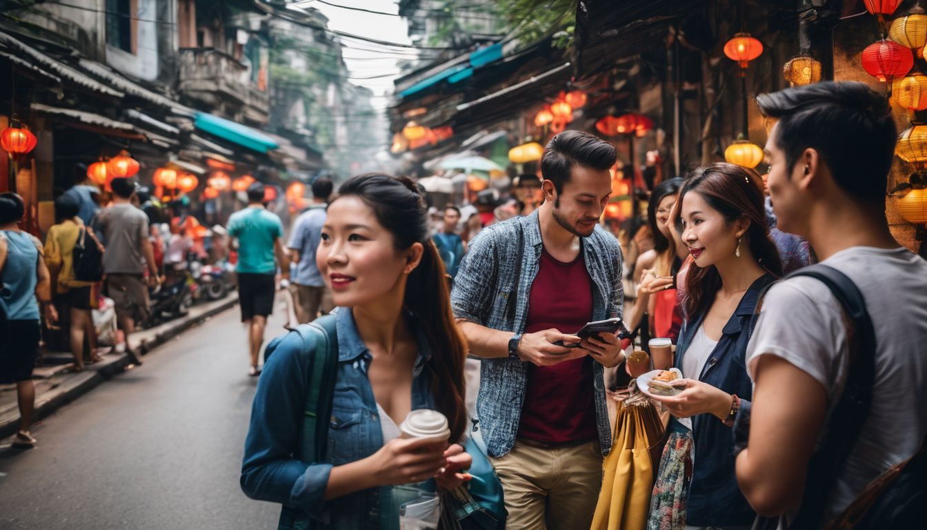 A group of diverse tourists exploring the vibrant streets of Hanoi.