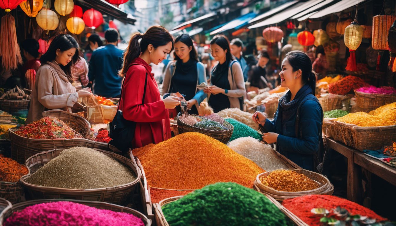 A diverse group of friends explores a vibrant Vietnamese market filled with traditional handicrafts.
