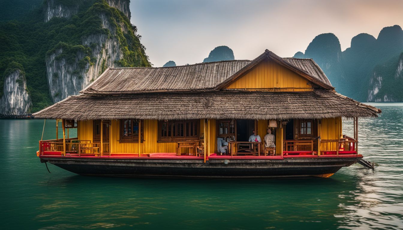 A vibrant traditional floating house in Halong Bay captured in stunning detail and surrounded by calm waters.