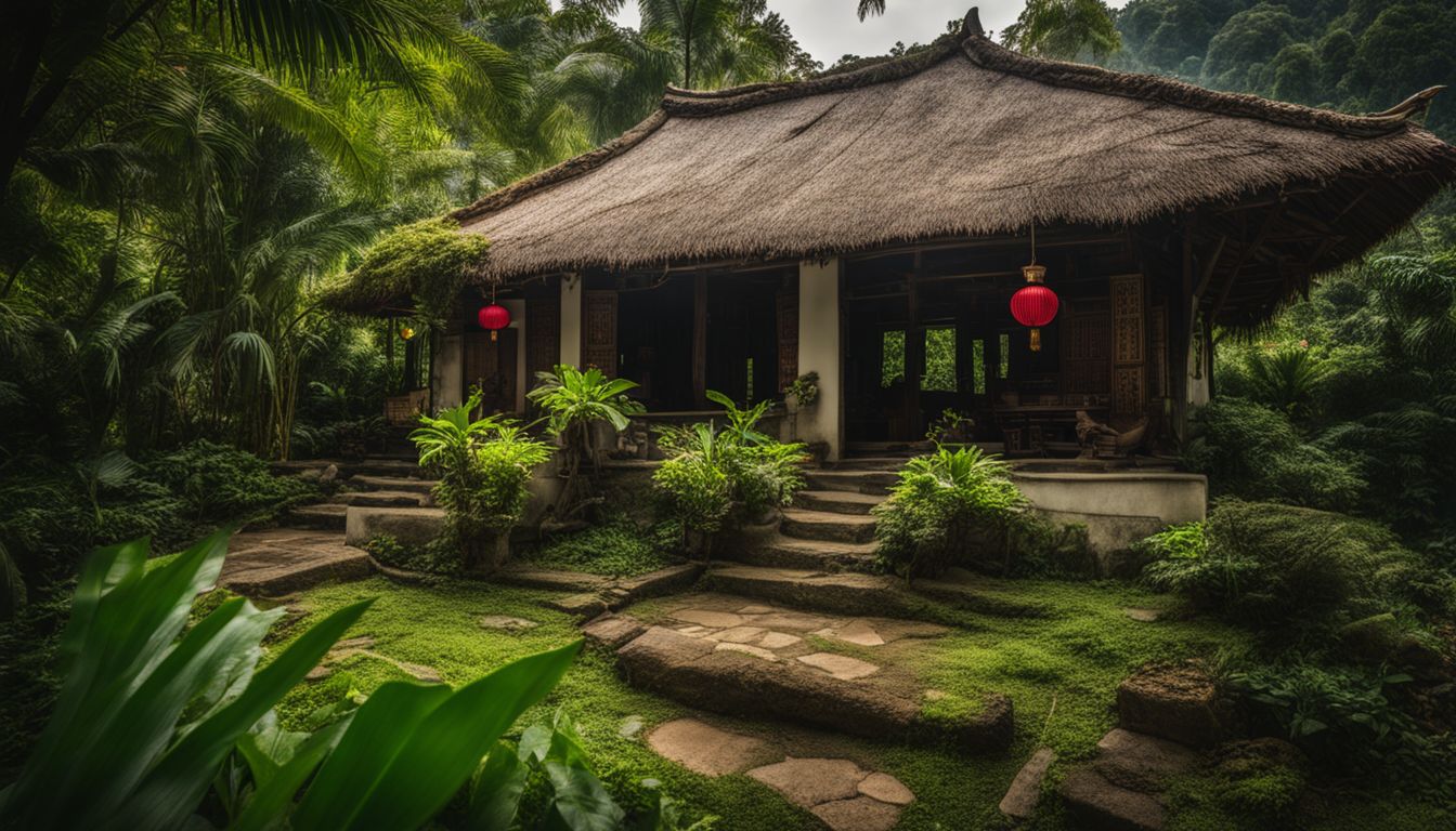 A photograph of a traditional Vietnamese house surrounded by lush greenery and bustling atmosphere.