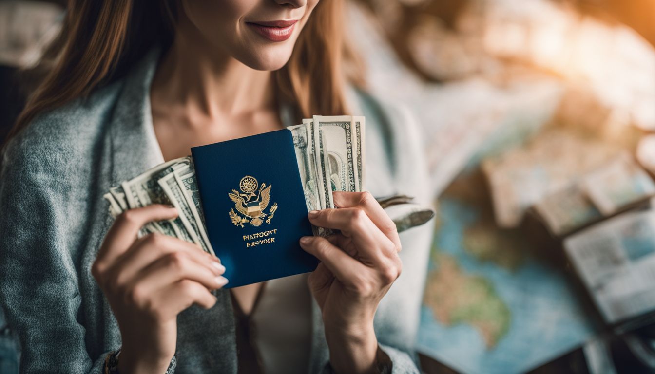 A woman is seen with a passport, travel itinerary, cash, and map in the background.