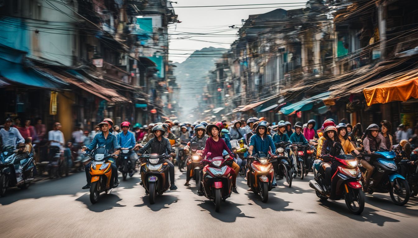 A vibrant and lively city street scene in Vietnam filled with motorbikes and diverse people.