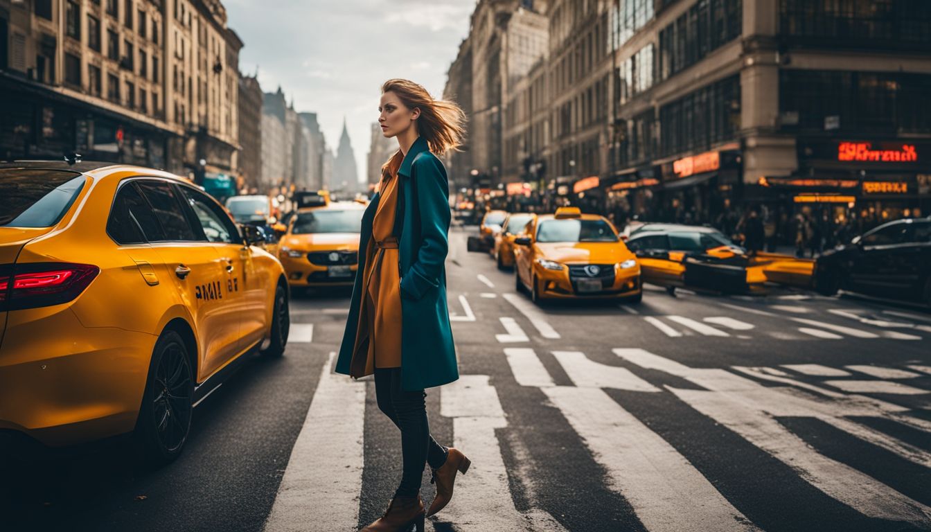 A traveler explores a vibrant city street filled with bustling cars and taxis.