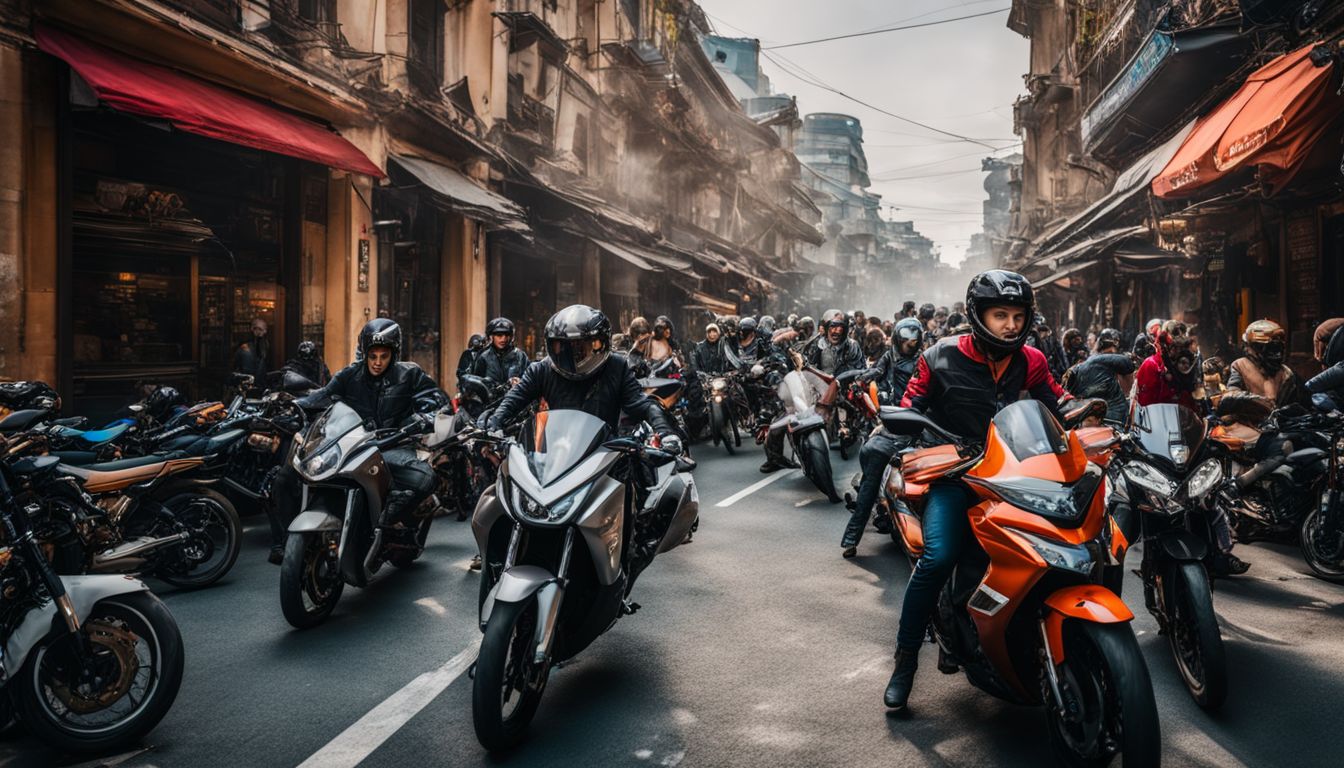 A busy city street filled with motorcycles and bicycles, capturing the diverse and energetic atmosphere.
