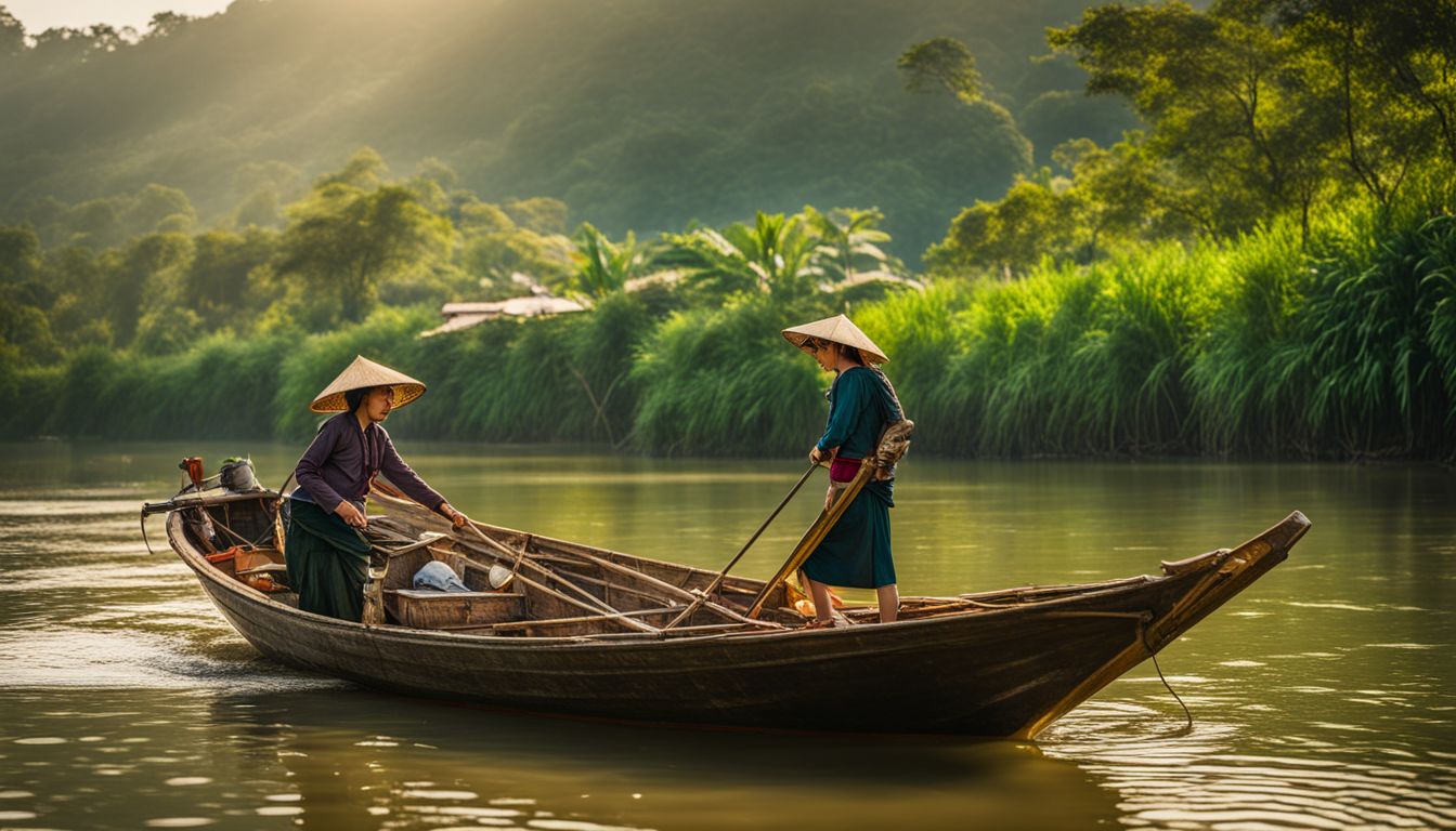 'A traditional Vietnamese fishing boat surrounded by lush green landscapes on a peaceful river.'