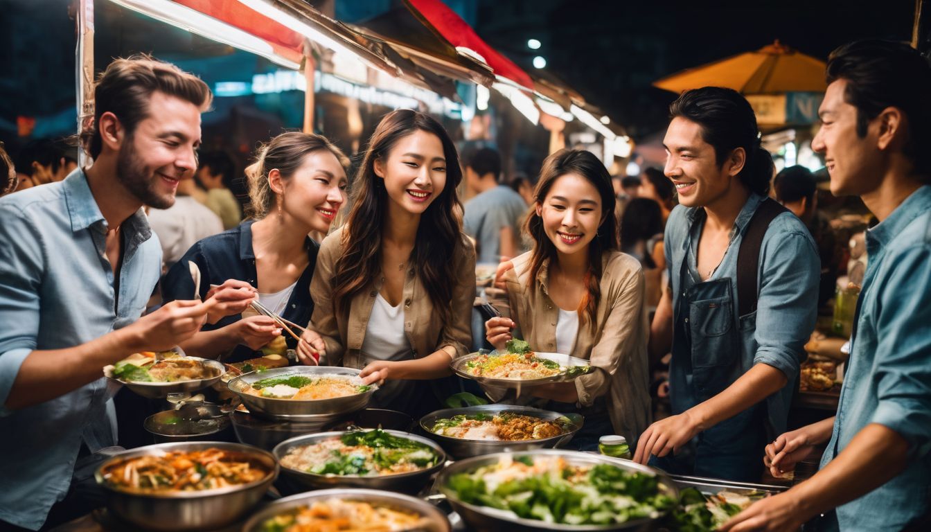 A diverse group of friends enjoying Vietnamese street food at a bustling stall.
