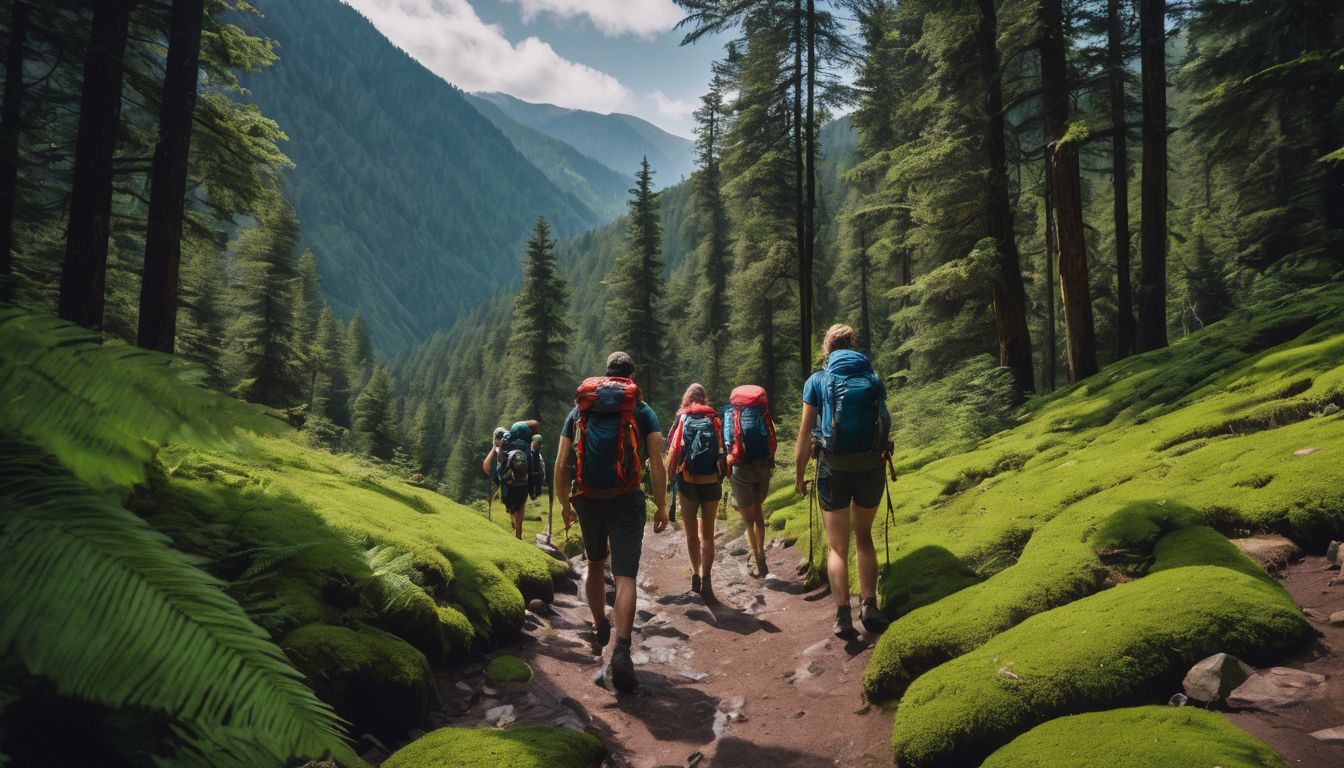 A group of backpackers hiking through a lush forest in varying outfits and hairstyles.