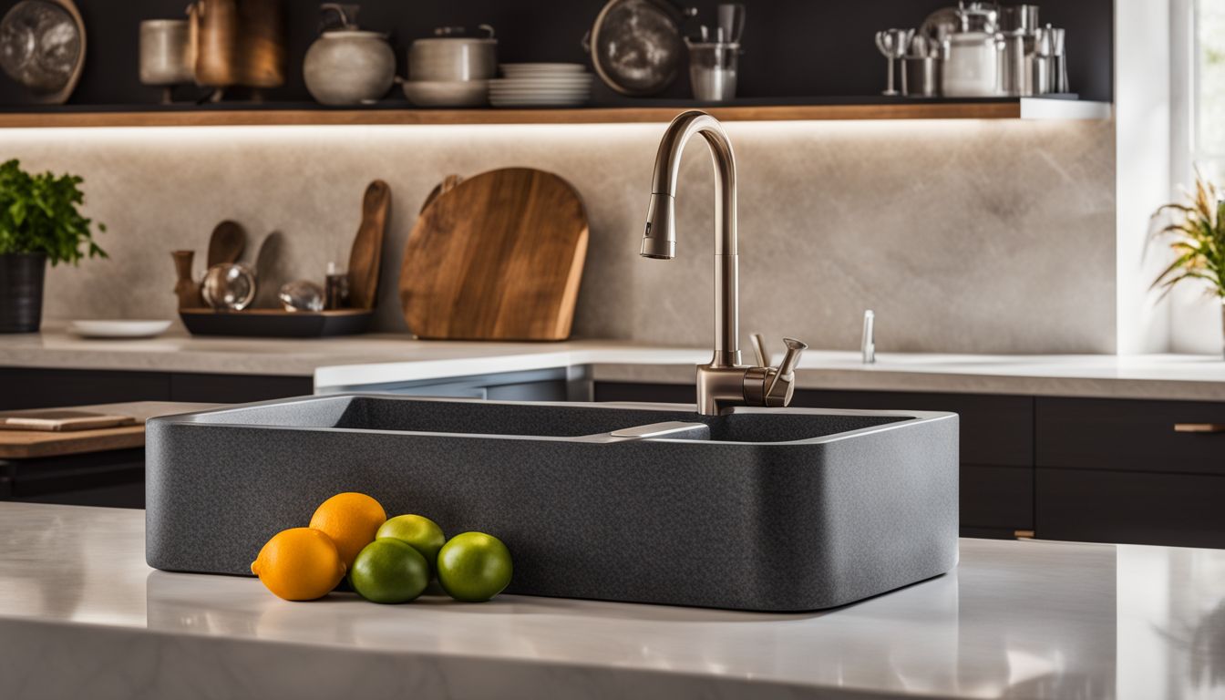 An elegant granite composite sink in a bustling kitchen backdrop.