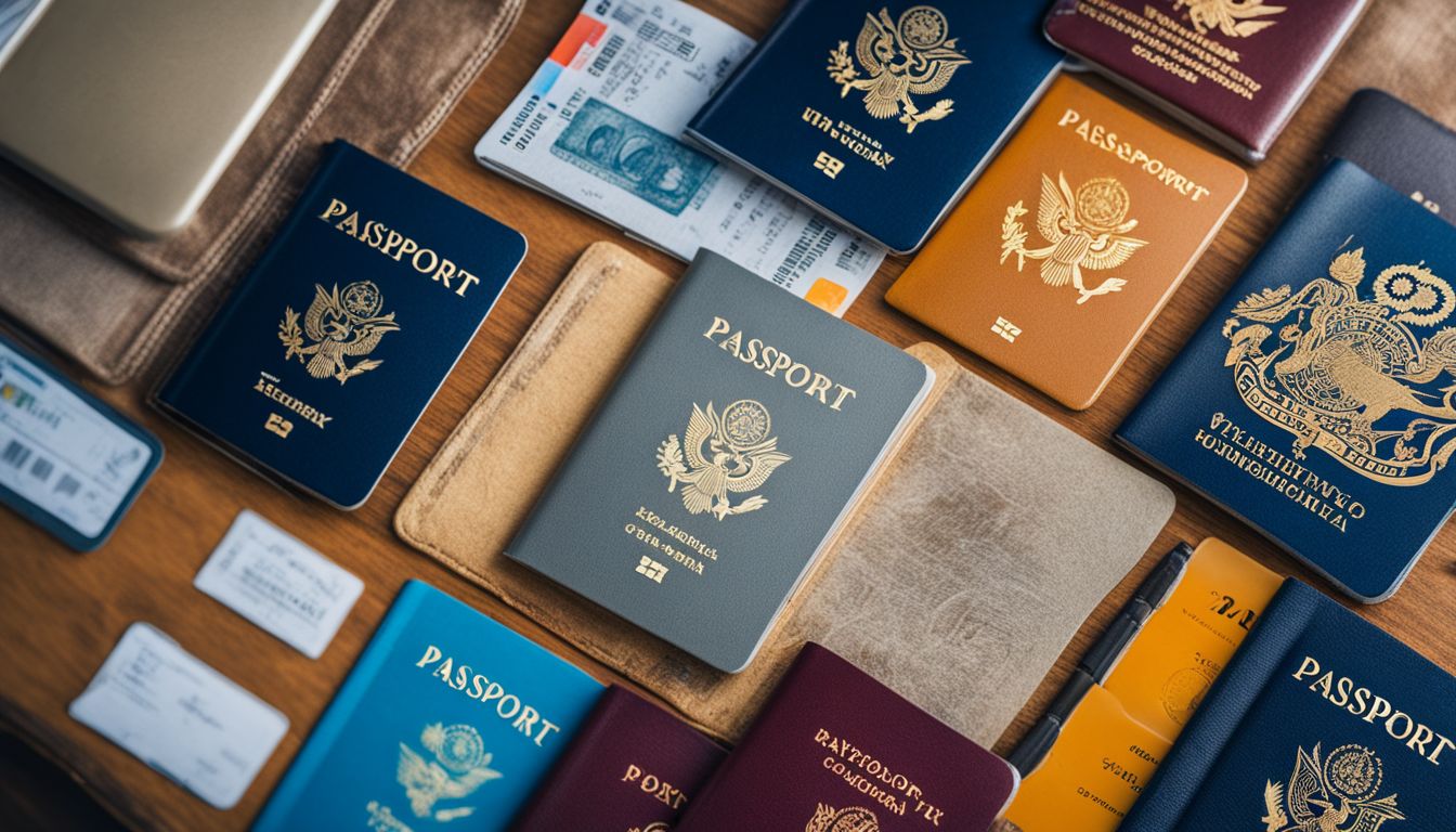 A passport surrounded by various visas in a vibrant and diverse travel photography scene.