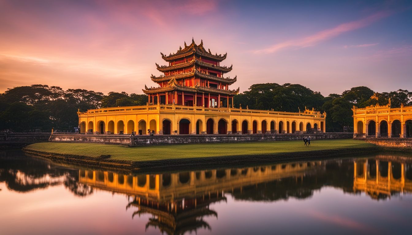 A photo of the Imperial City of Hue at sunset, showcasing its grand architecture and reflecting Vietnamese history.