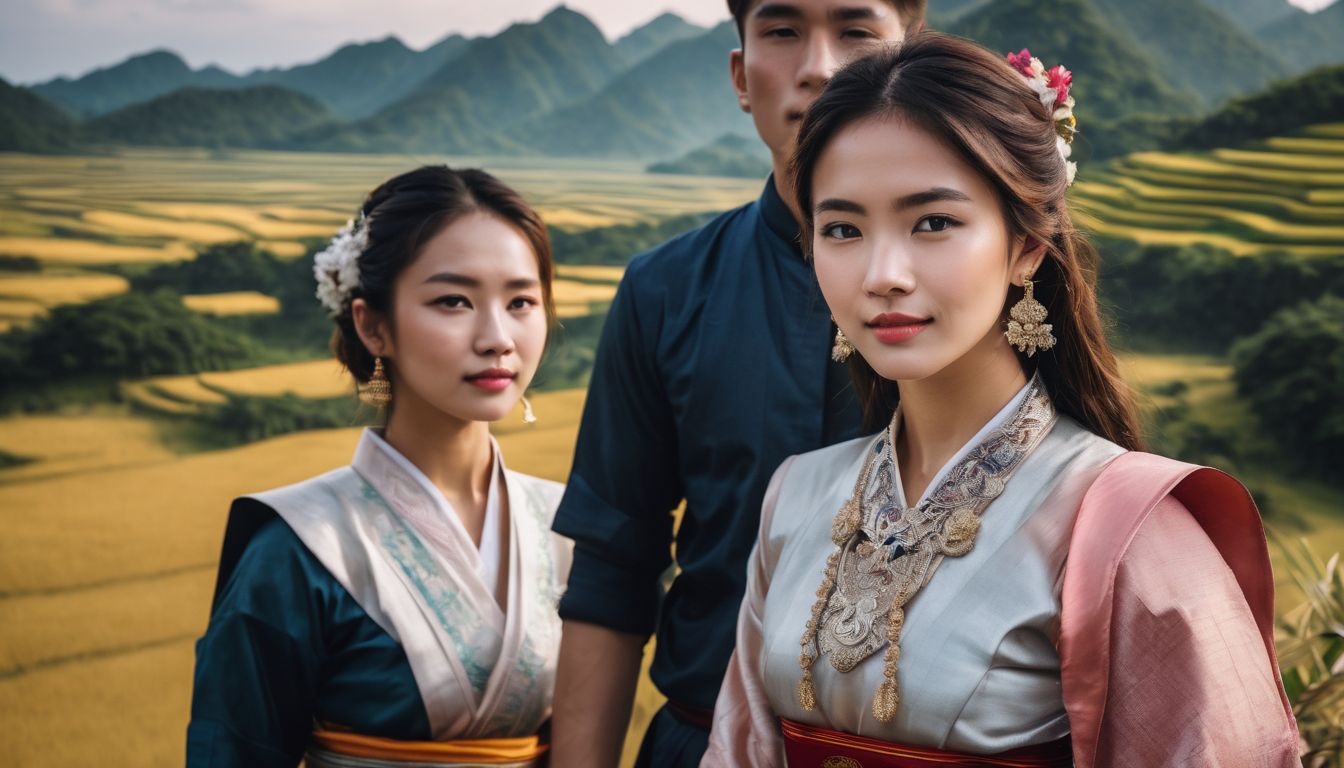 A diverse group of young people in traditional costumes pose amidst stunning Vietnamese landscapes.