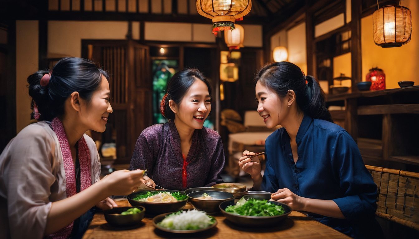 A Vietnamese family gathers in their traditional house to share a meal and stories.