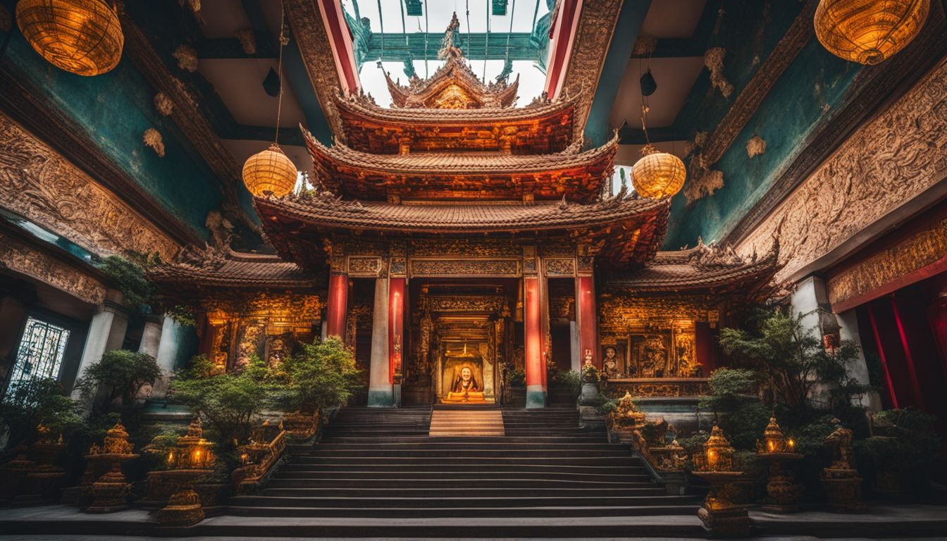 A photo of a vibrant Vietnamese temple with intricate carvings and sculptures, capturing its bustling atmosphere.