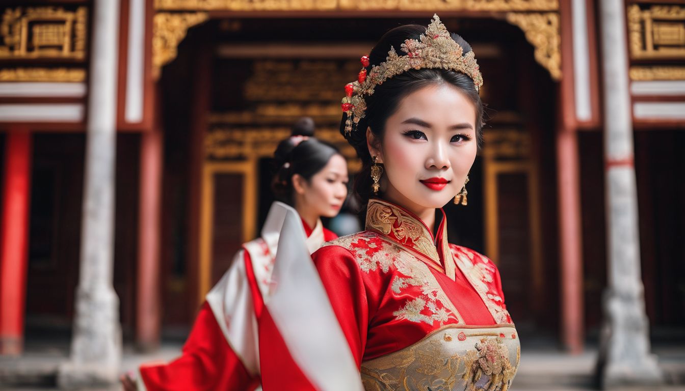 A traditional Vietnamese woman wearing an elegant áo dài dress poses in front of the grand entrance to the Imperial City.