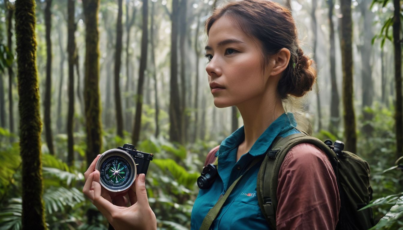 A person holding a compass in a lush Vietnamese forest, captured in a well-lit and bustling atmosphere.