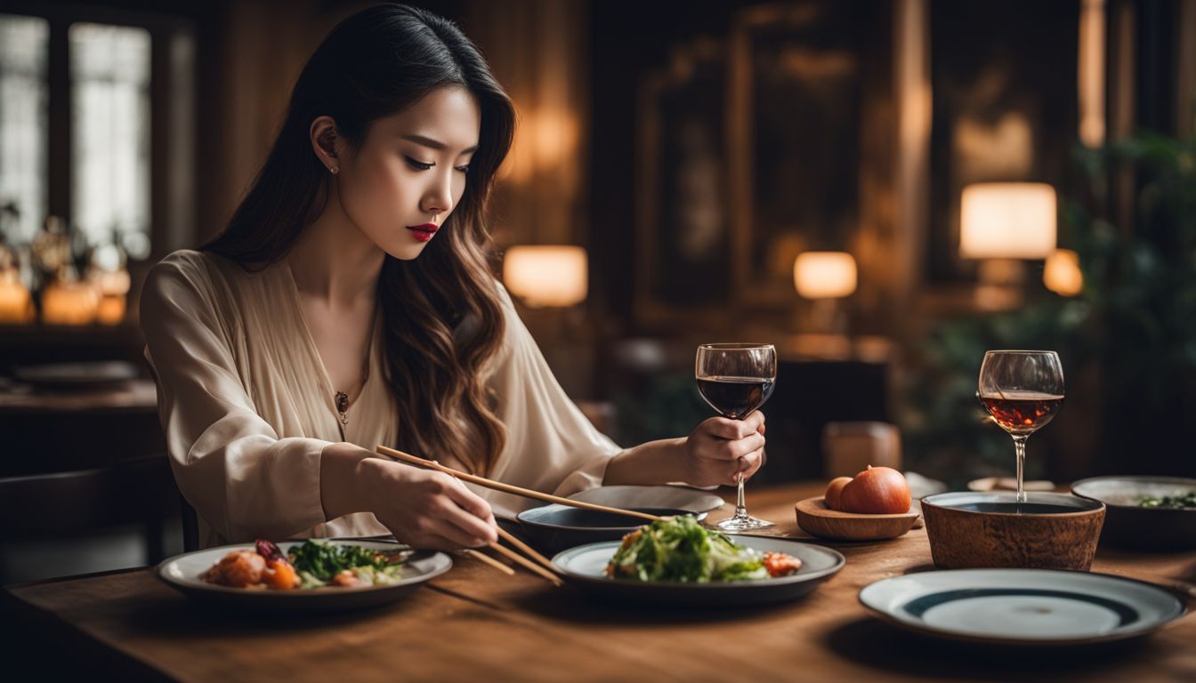 A beautifully set dining table with a person holding chopsticks surrounded by various people and a bustling atmosphere.