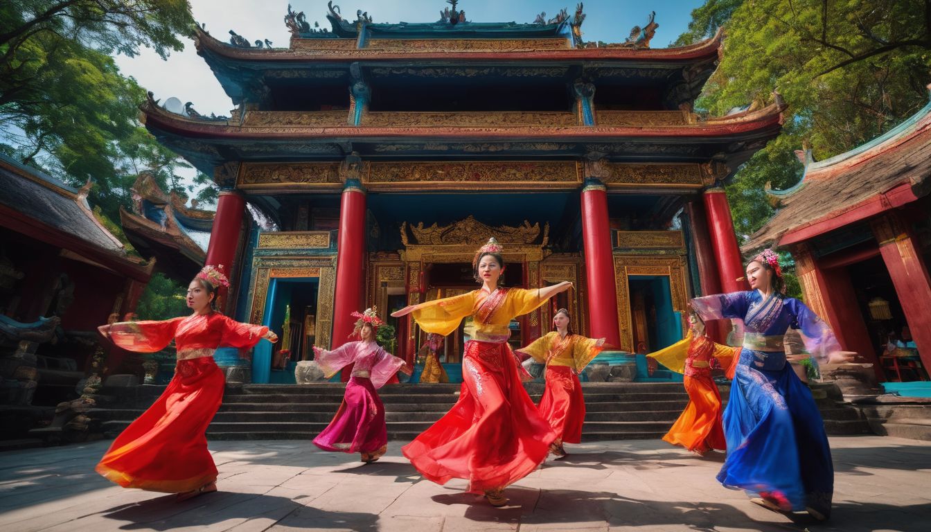 A group of traditional Vietnamese dancers performing in front of a colorful temple.