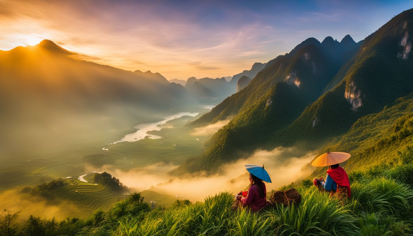 A stunning sunrise over the mountains of Vietnam captured with vibrant colors and sharp focus.