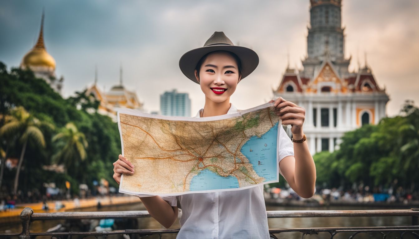 A traveler holding a Vietnam map in front of iconic landmarks in Ho Chi Minh City.