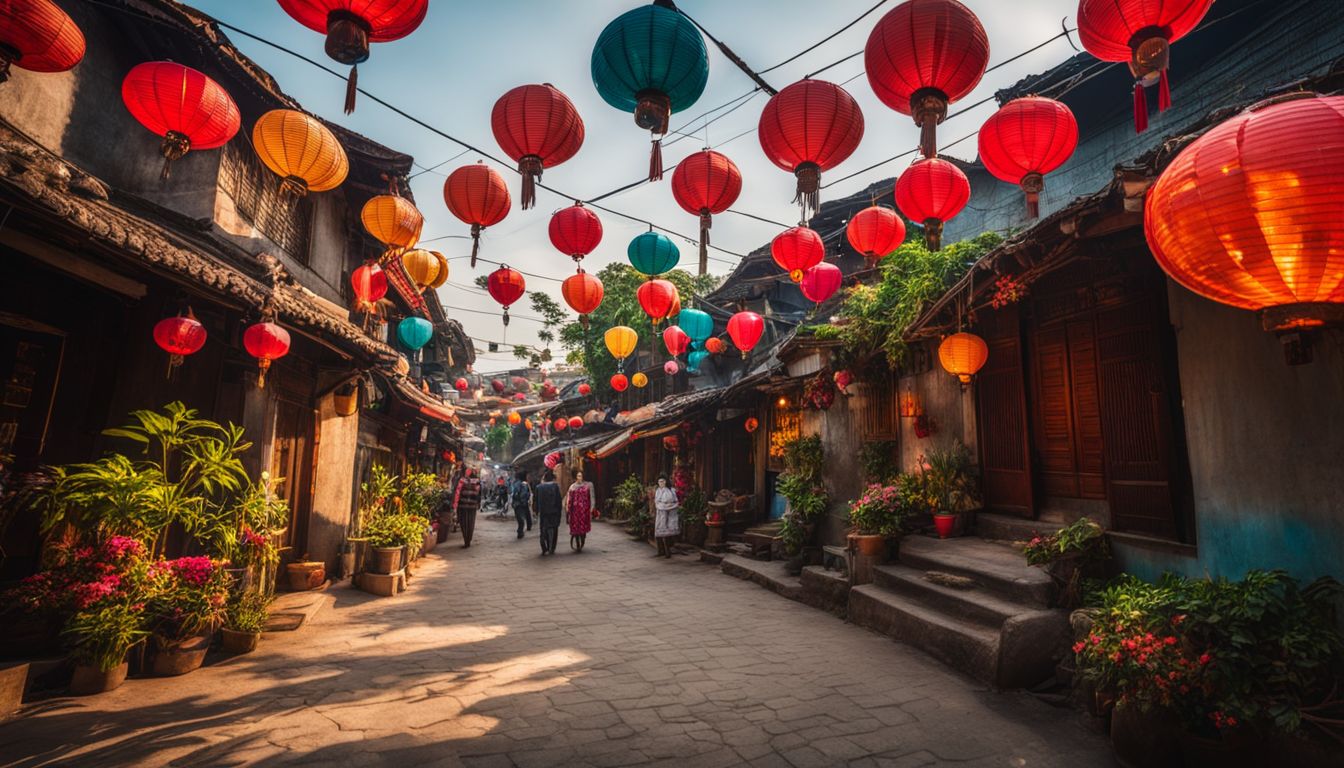 A vibrant Vietnamese village adorned with colorful lanterns and filled with diverse people and bustling activity.