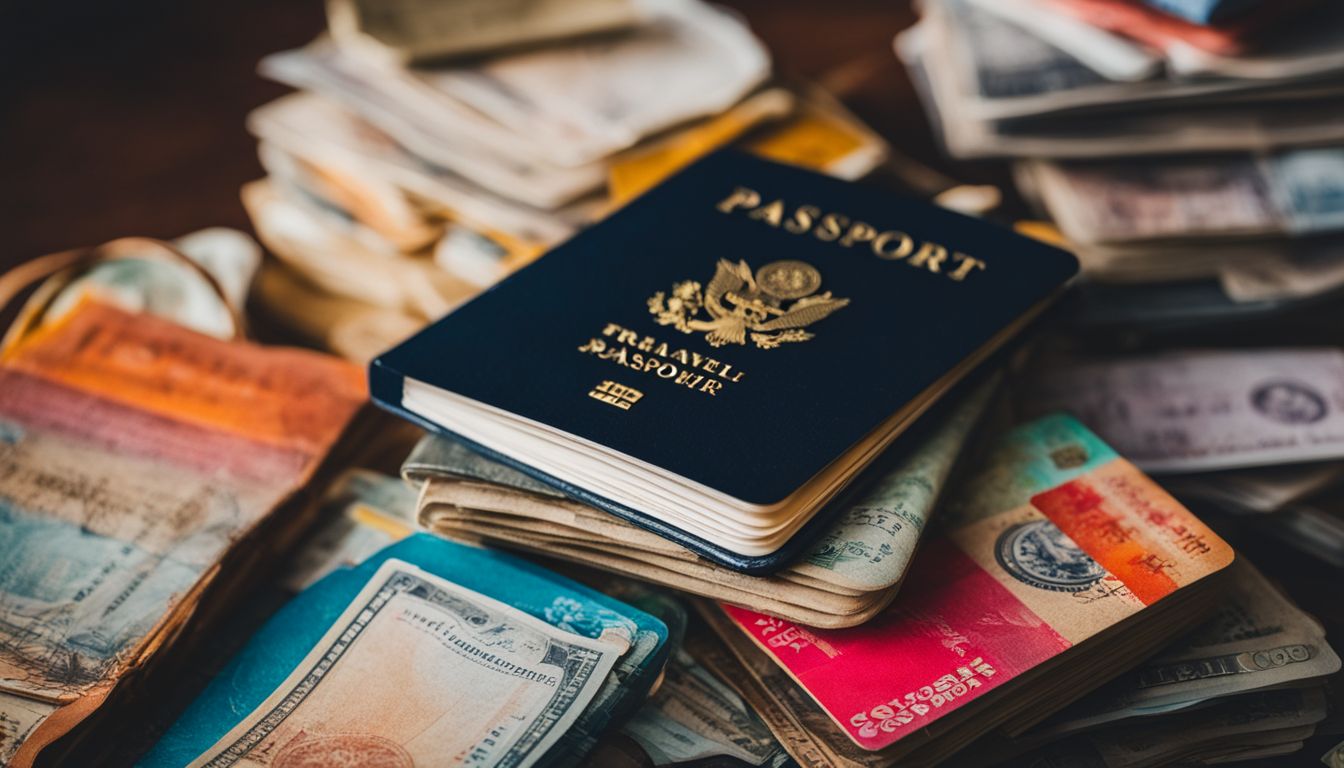 A colorful stack of passports with travel stamps, surrounded by travel essentials and diverse faces.
