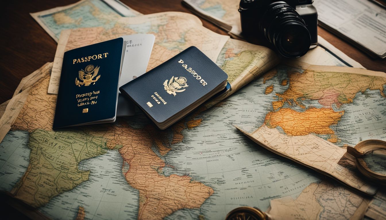 A collection of passports, travel documents, and maps representing diverse travelers and destinations.