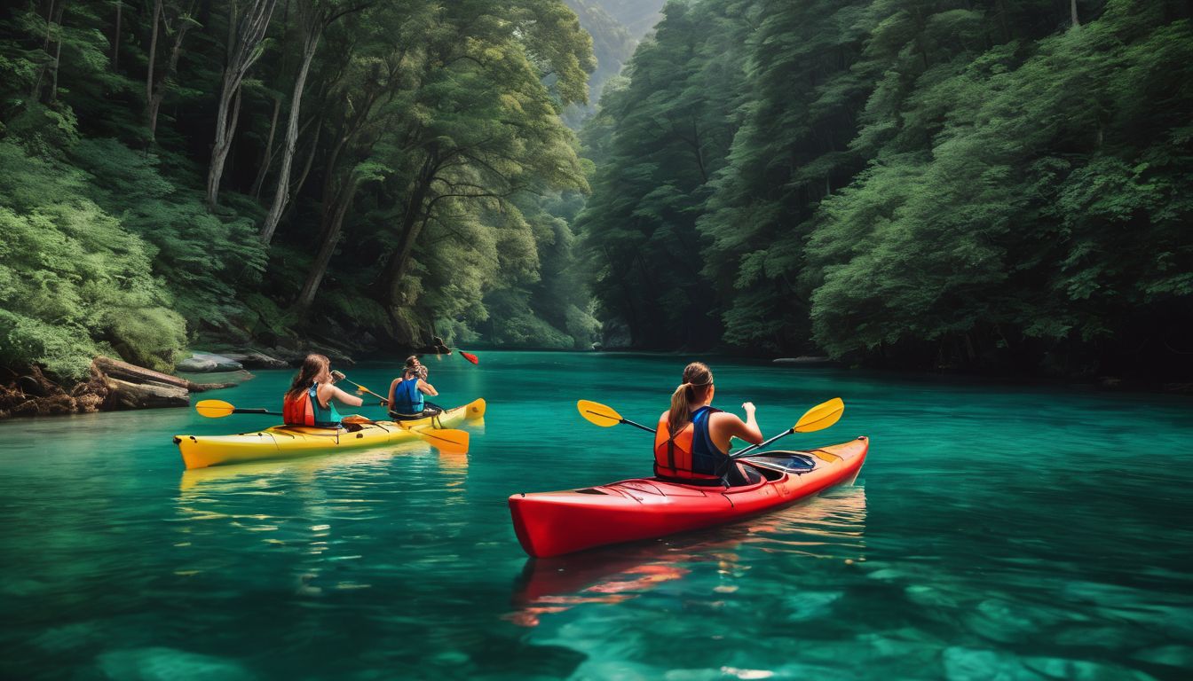A diverse group of friends enjoying kayaking in a picturesque and vibrant natural setting.