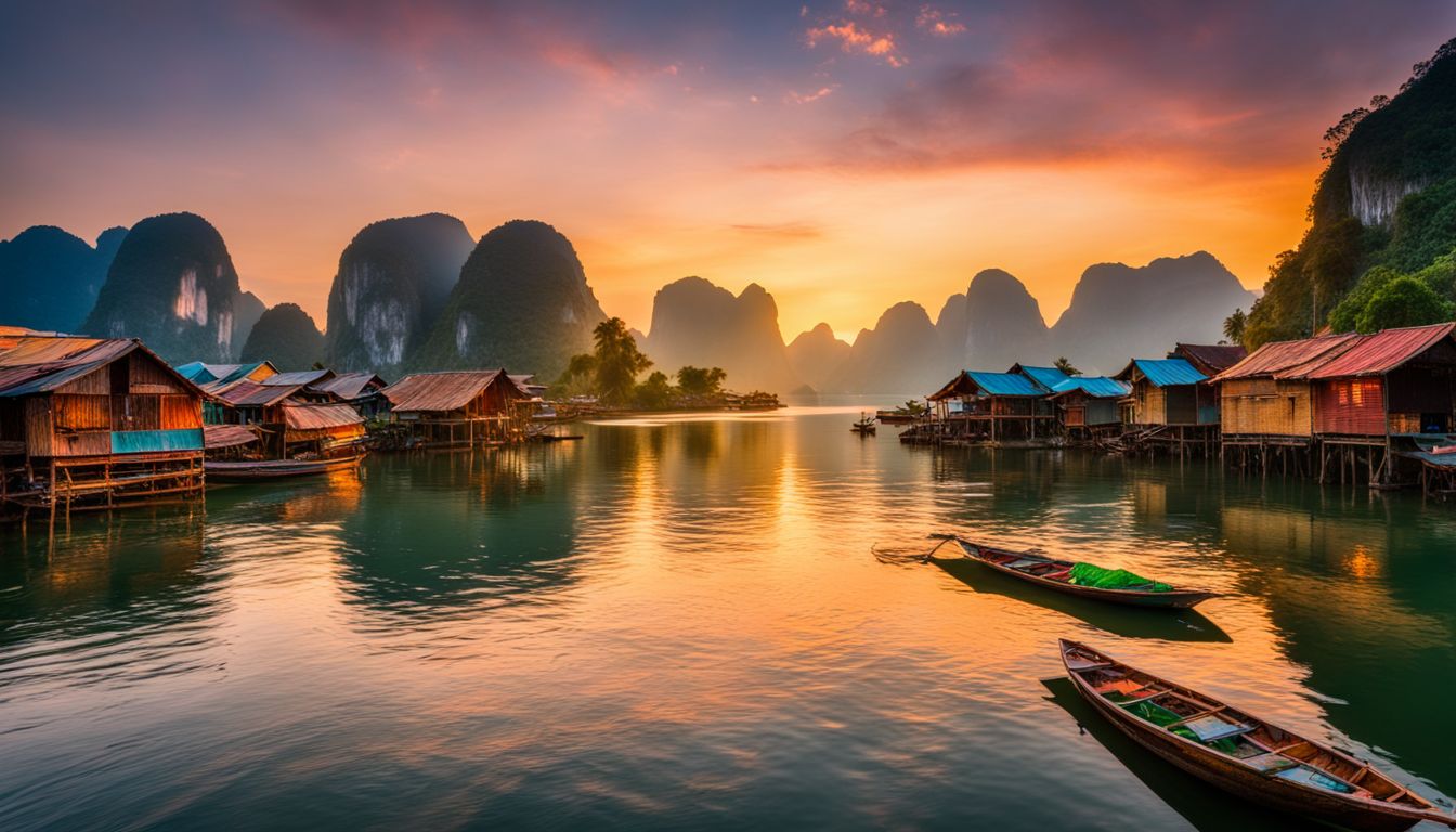 A stunning sunrise over Vung Vieng Floating Village capturing the vibrant boats and traditional huts.