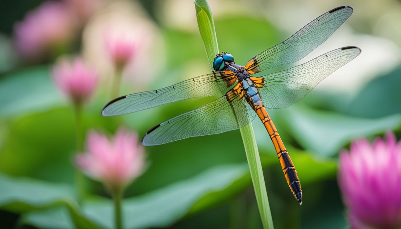 A vibrant dragonfly rests on a blooming lotus flower in a bustling natural setting.