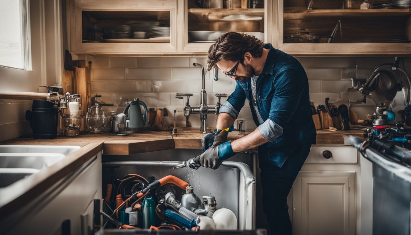 A plumber examining pipes and tools under a kitchen sink.