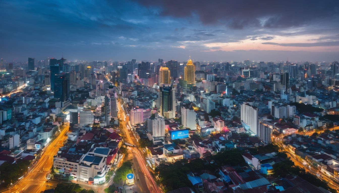 An aerial view of the bustling city of Ho Chi Minh, with a vibrant cityscape and diverse faces.