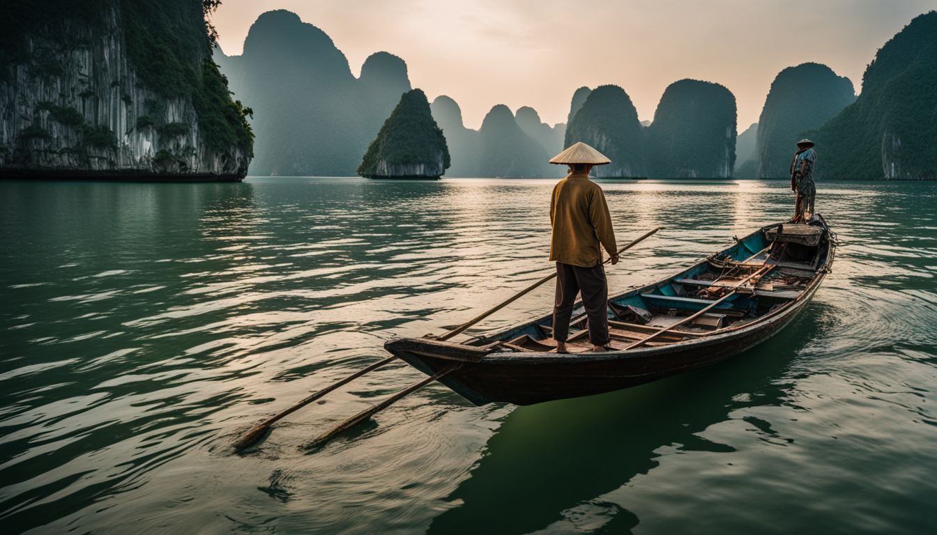 A fisherman stands on a traditional floating boat in the stunning scenery of Halong Bay.