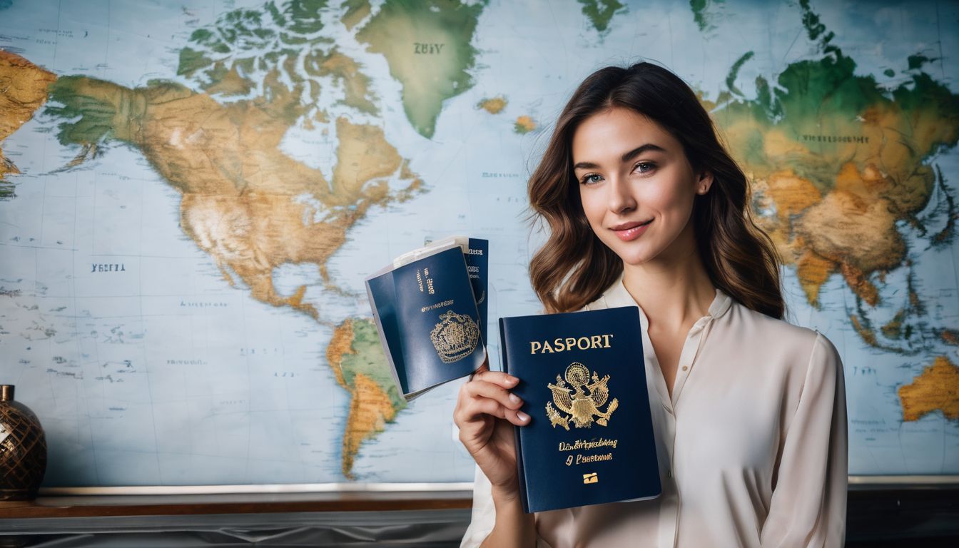 A woman holds a passport and map in front of a world map, representing travel photography with diverse faces and outfits.
