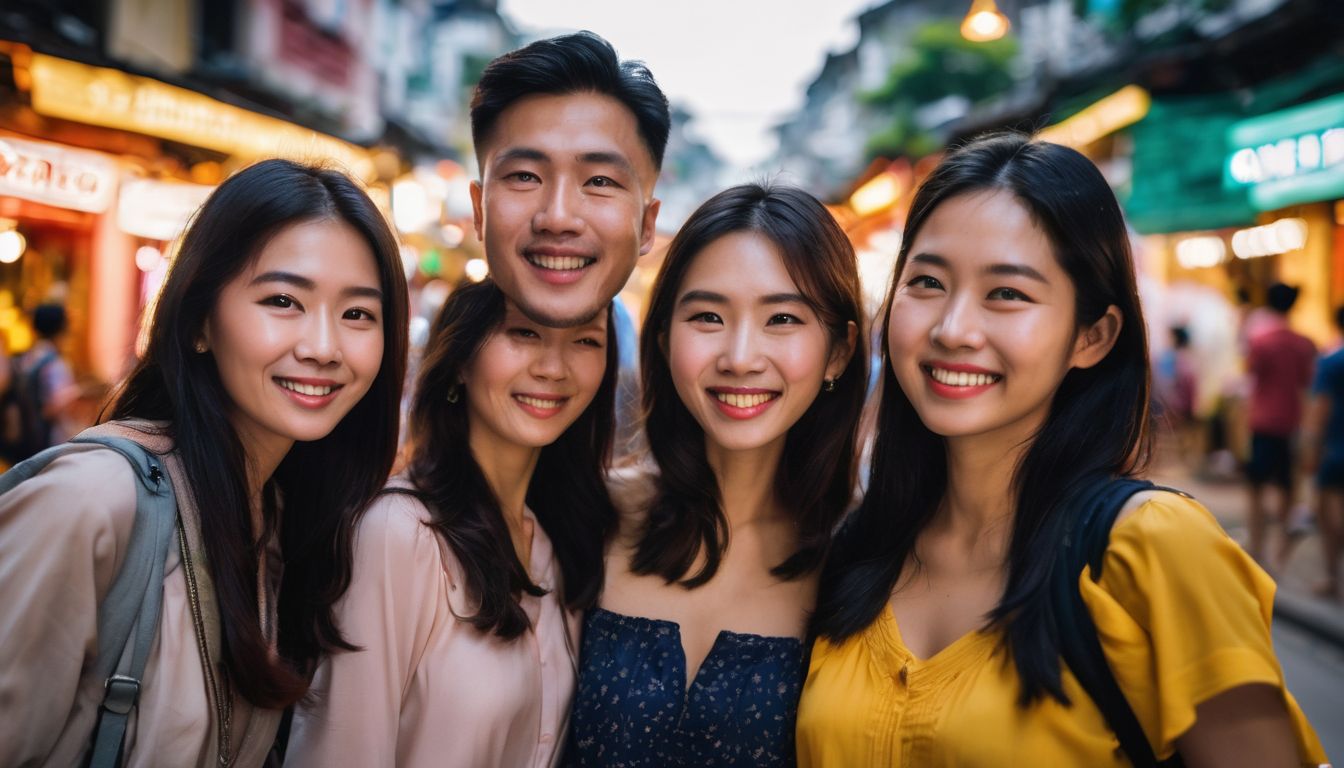 A diverse group of tourists happily exploring the lively streets of Hanoi with detailed facial features.