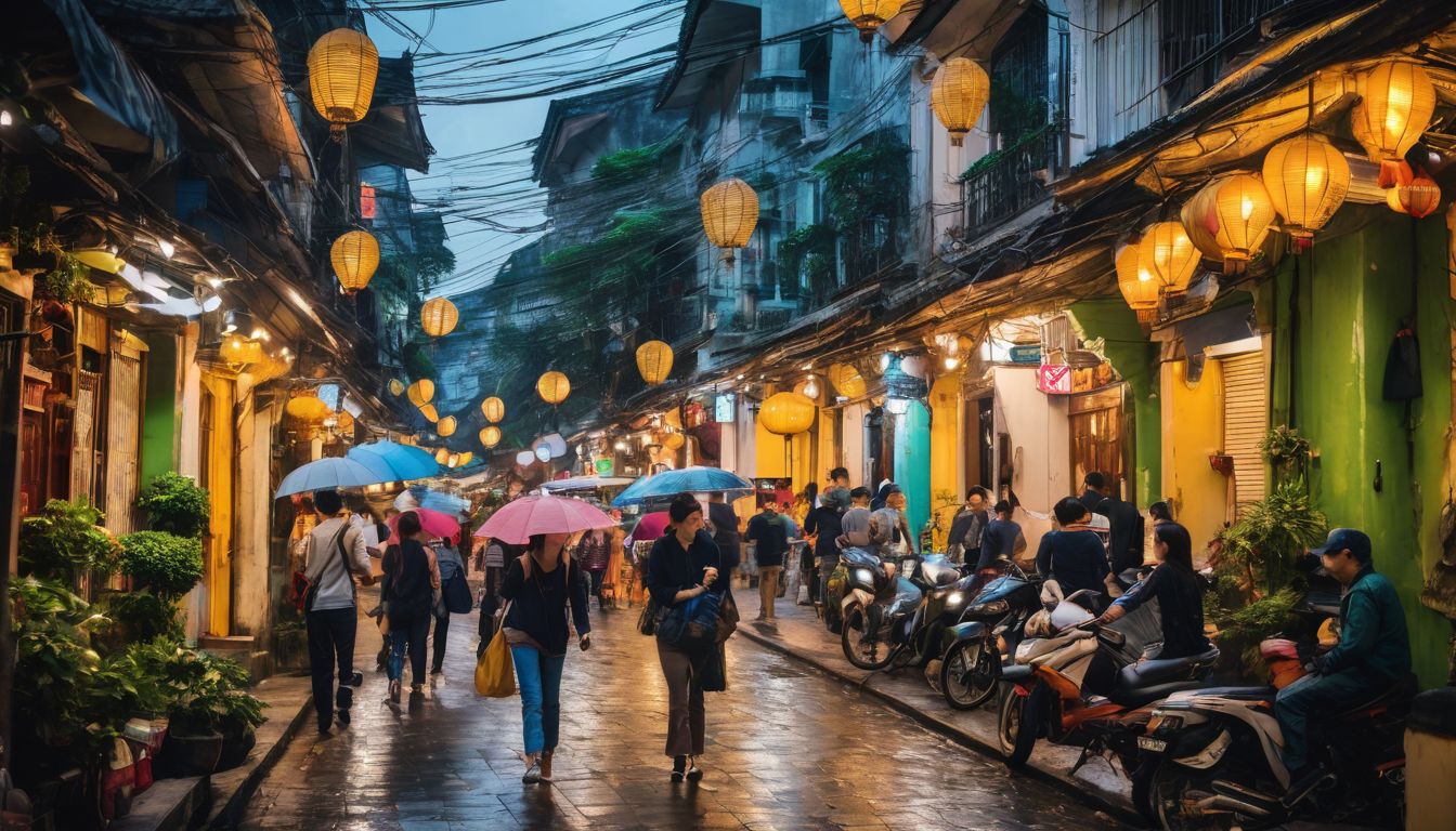 A diverse group of travelers exploring the vibrant streets of Hanoi.