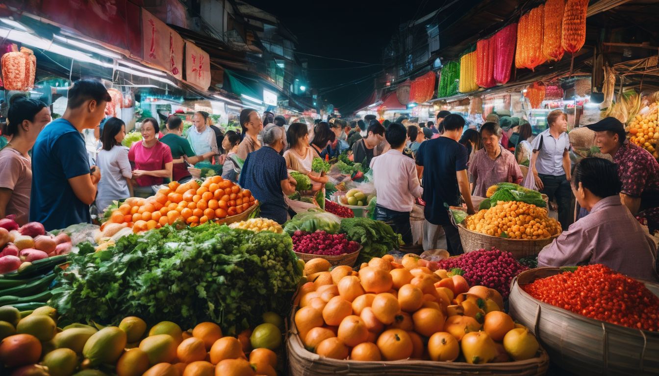 A vibrant Vietnamese market snapshot capturing the bustling atmosphere and diverse array of fruits and vegetables.