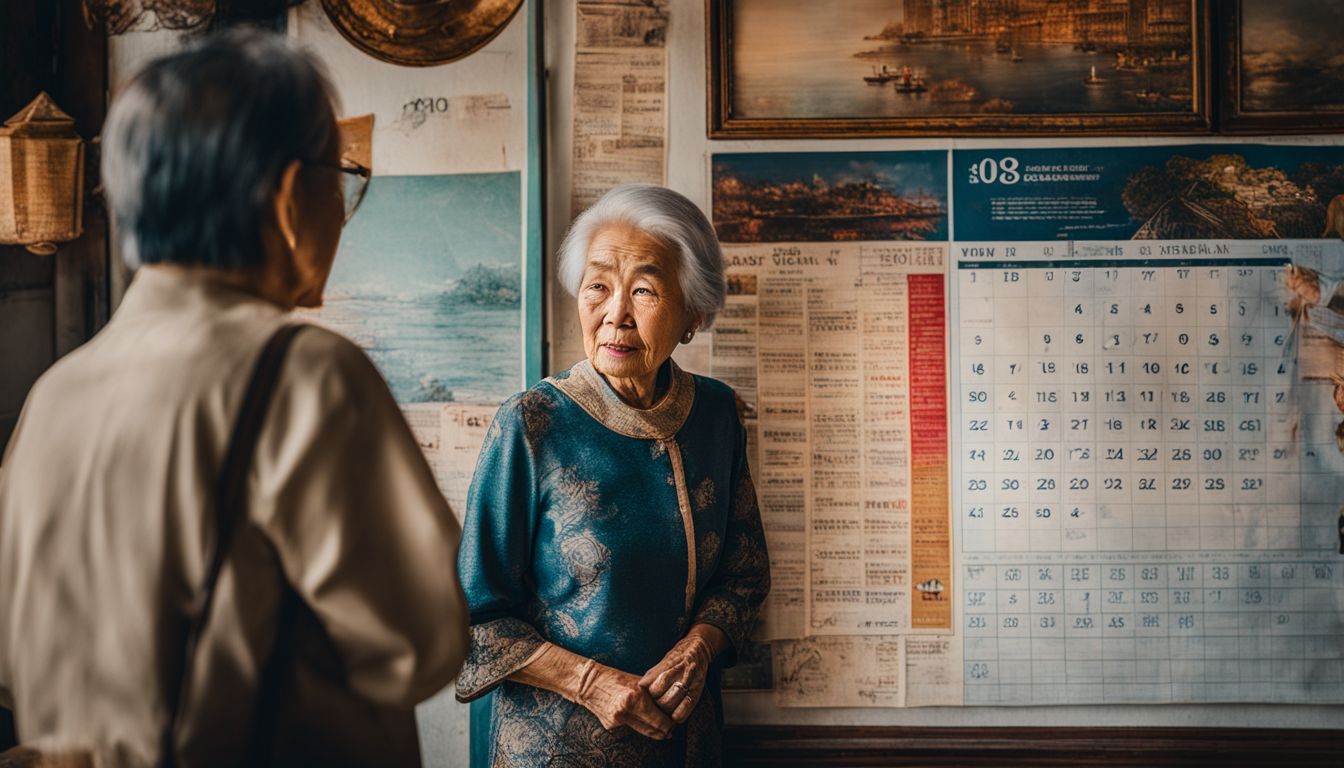 An elderly woman examines a vintage wall calendar surrounded by diverse faces, outfits, and hairstyles.